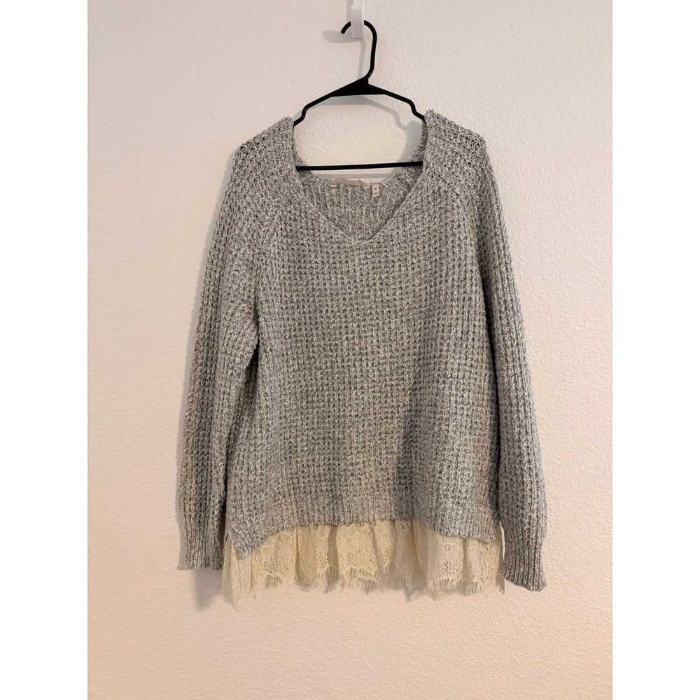Soft Surroundings Gray Waffle Knit Lace Hem V-Neck Sweater Womens Petite Large
